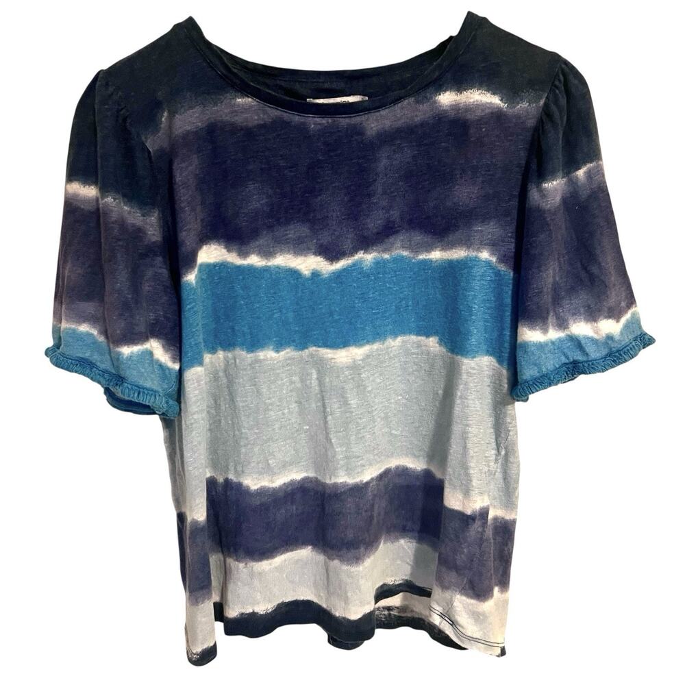 Chico's 100% Linen Top Women's L Blue Tie Dye Stripe Fringe Short Sleeve